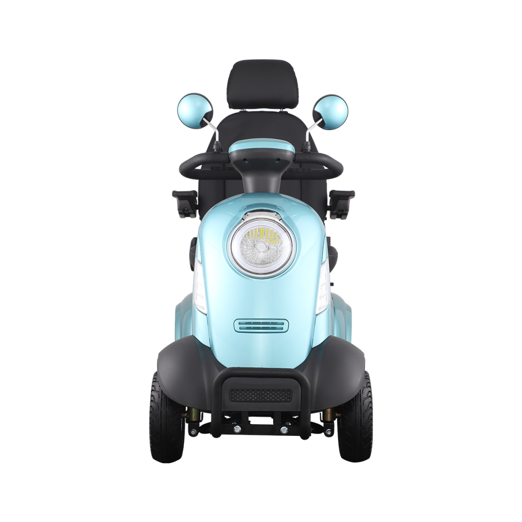 Blue CE certified Spirite-1 elderly motorized scooter, featuring a 4-wheel design.