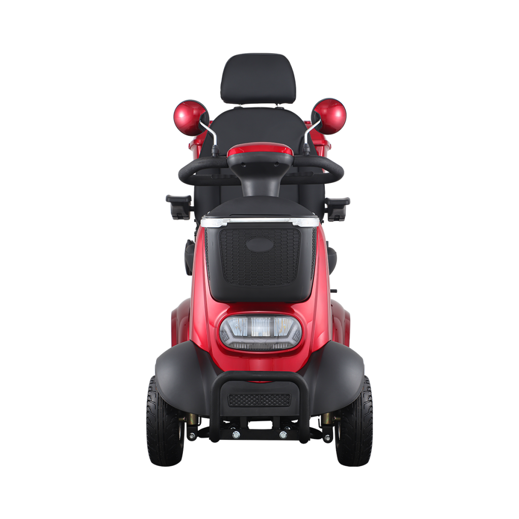 Red 4 wheel Spirite-2 electric scooter with seat for adults featuring an ergonomic adjustable seat.