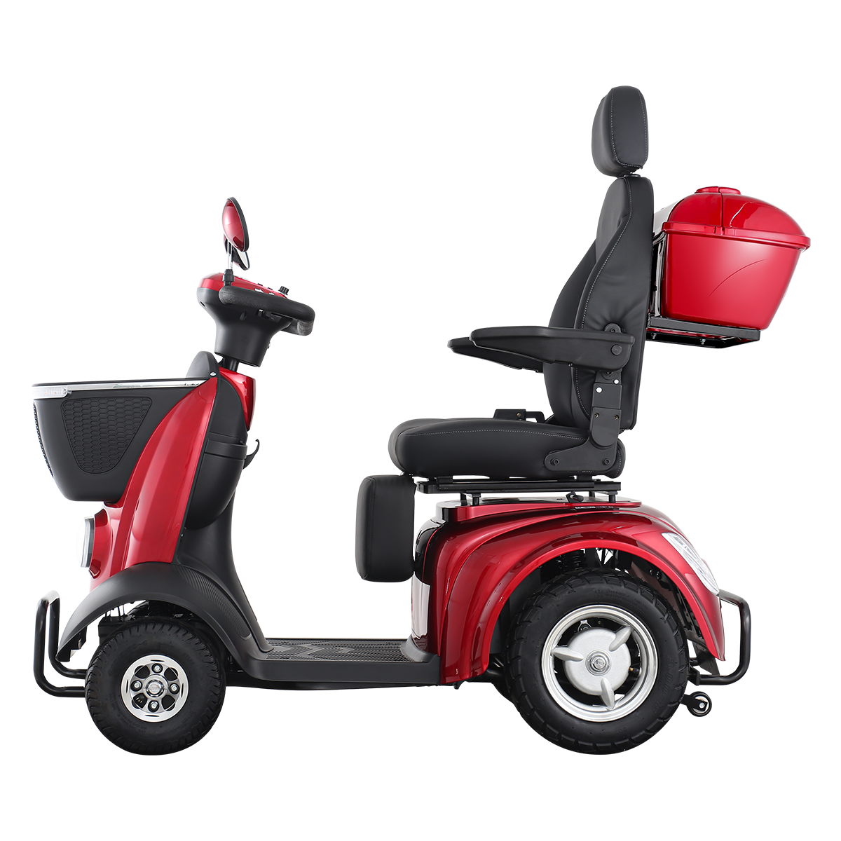 Side view of 4 wheel electric mobility scooter showing easy step-through frame and comfortable seat for adults