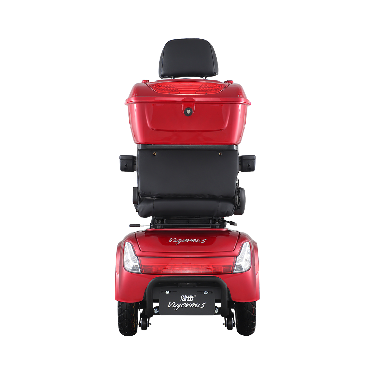Rear view of Spirite-2 electric scooter with seat for adults showing anti-tip wheels and safety reflectors