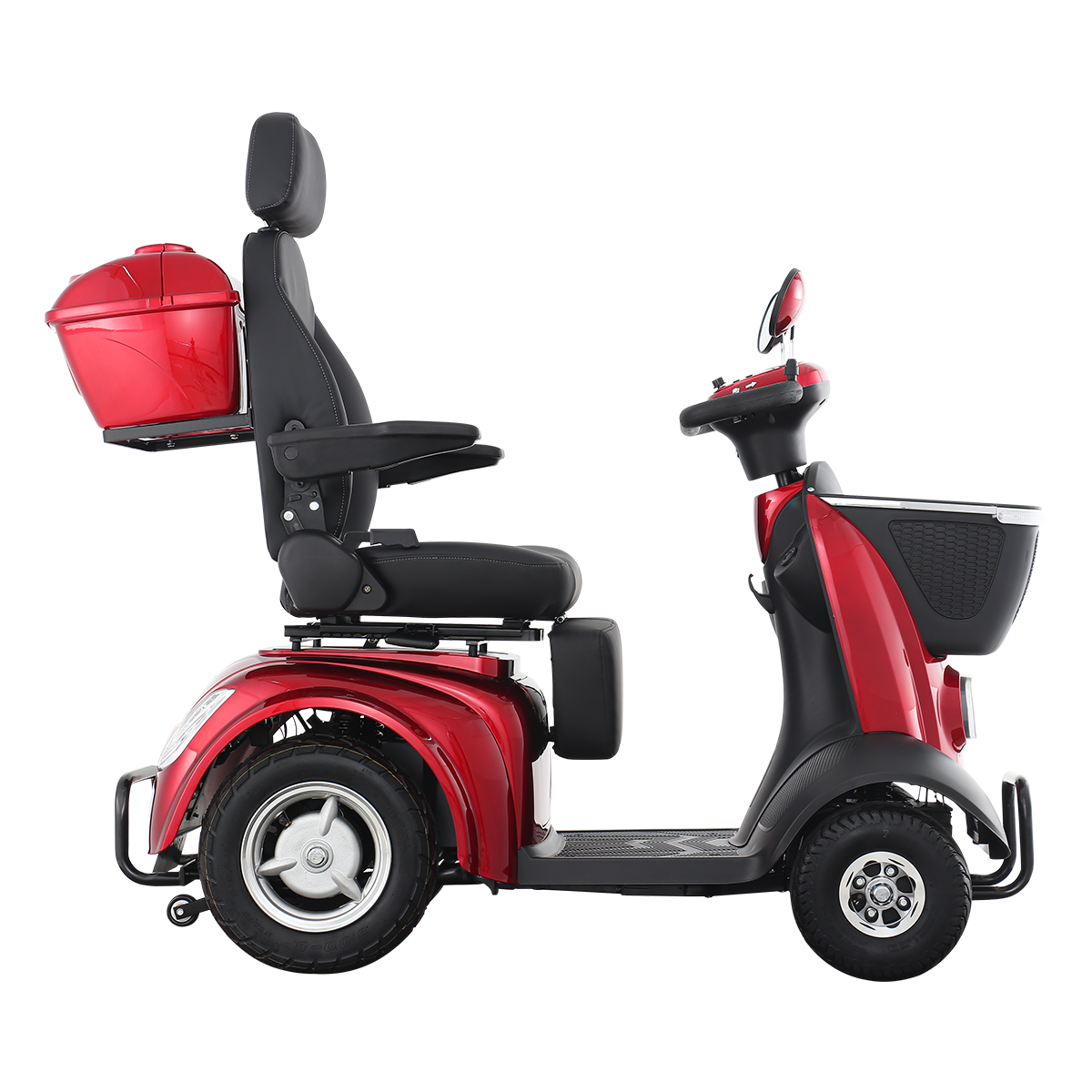 Adjustable ergonomic seat with 90 degree flip-up armrests on adult electric scooter