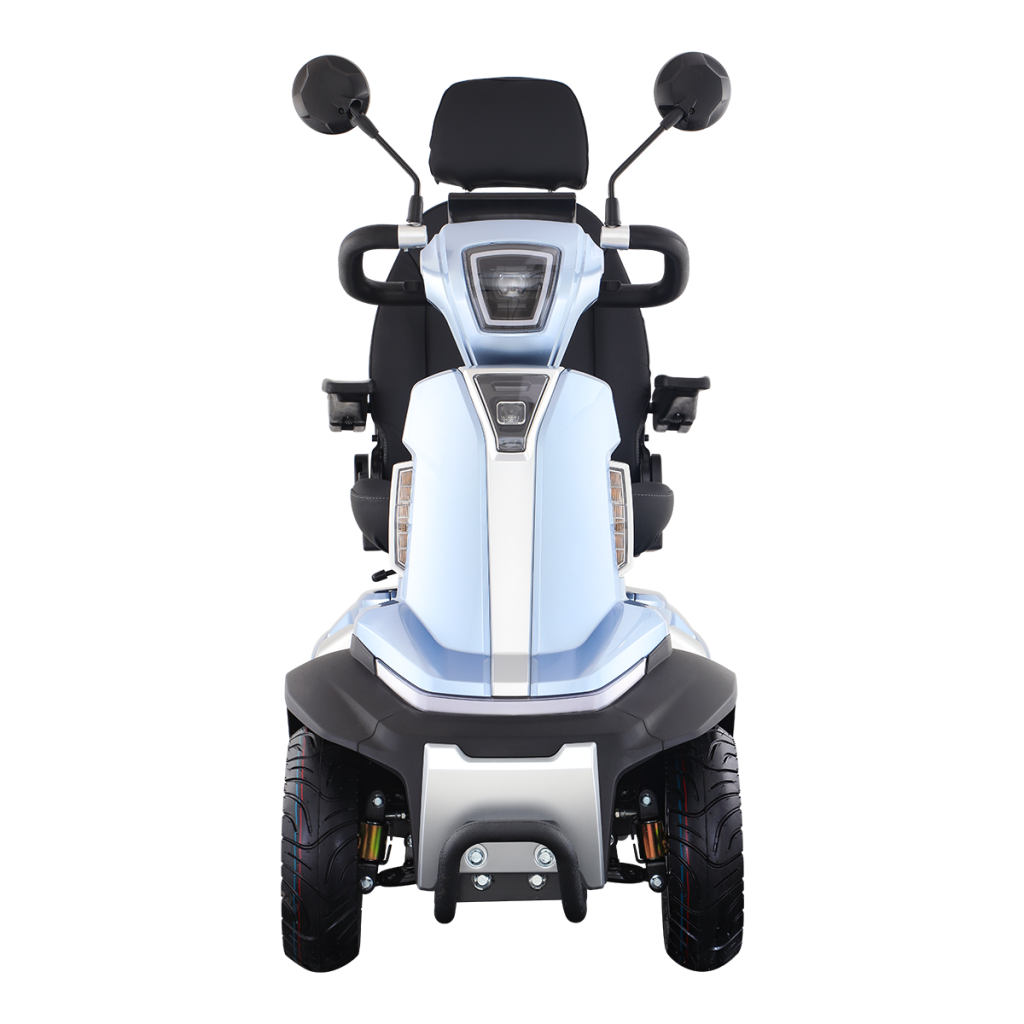 Spirite-3 four wheel electric scooter front view in blue