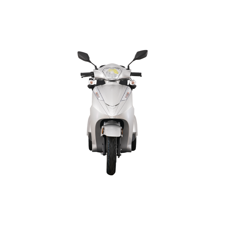 Vista-L2 silver 3 wheel mobility scooter front view with dual-row seating