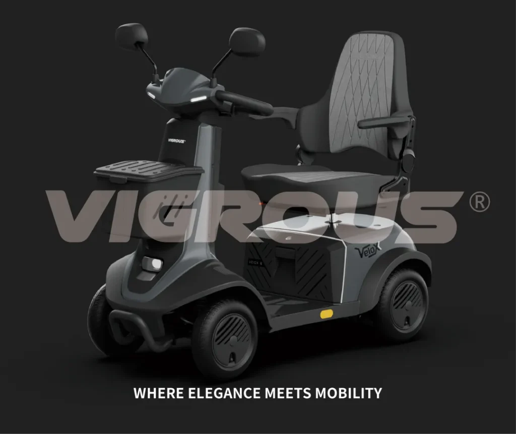 VIGROUS Showcases New Mobility Scooter Innovations at China Cycle 2026 13 A Grey Velox four-wheel scooter of mobility scooter vendor VIGROUS, featuring the slogan "Where Elegance Meets Mobility."
