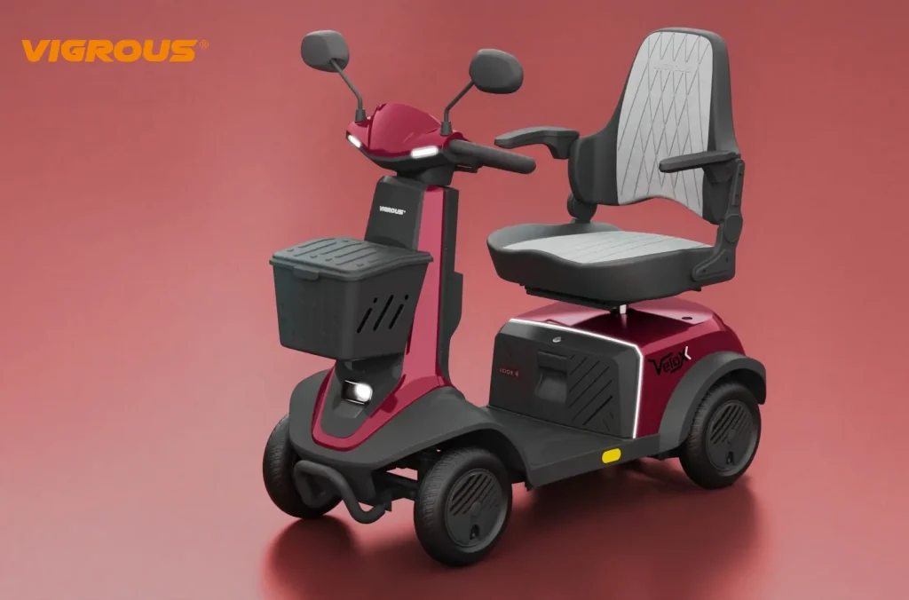 Velox handicap electric scooter with sodium battery and 360 degree swivel seat design