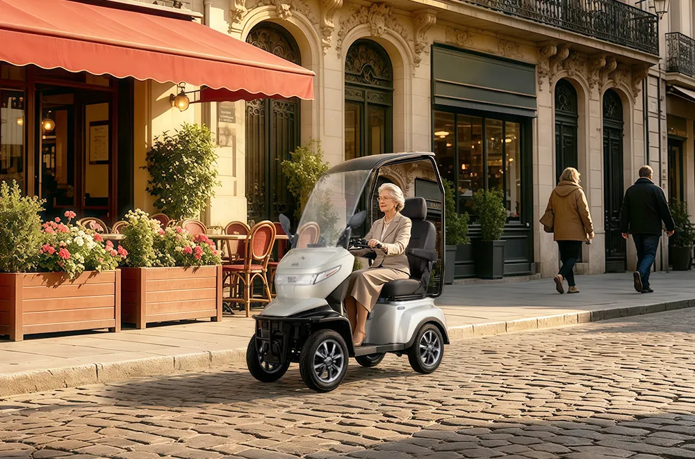 Vista-4 electric scooter with seat for heavy adults featuring canopy