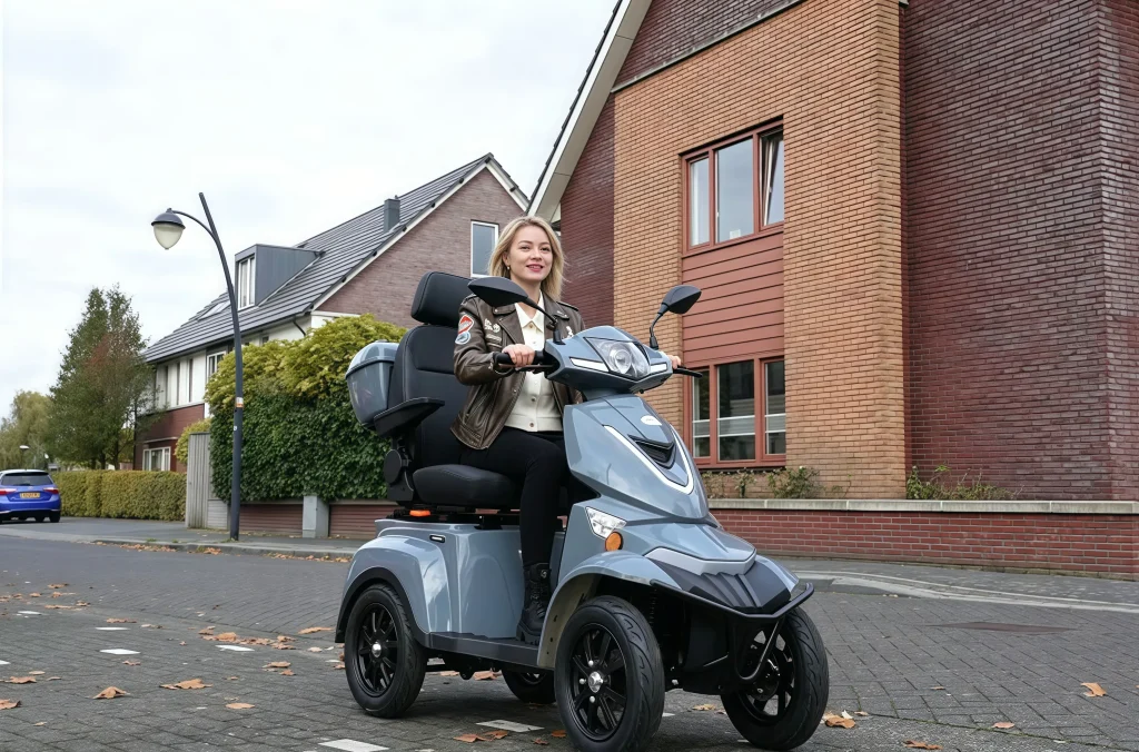 Vista Quater-3 4 wheel mobility scooter for outdoors with large tires, suspension, and higher ground clearance for rough pavement and uneven paths.