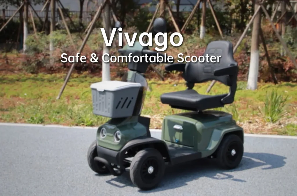 Vivago electric scooter for adults with seat featuring one-touch reverse, adjustable seat, vacuum tires, projector headlights and electromagnetic brake system