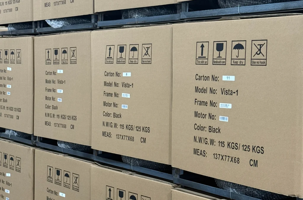 Secure export packaging protecting a mobility scooter for sale during long-distance international transit.