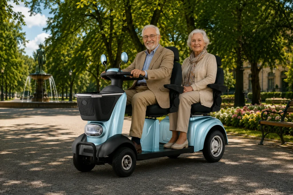 Couple riding together on a Spirite-L2 scooter 2 seats in an outdoor setting