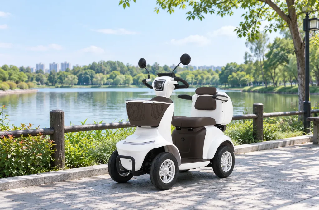 Lunar-QC four wheel scooter parked gracefully by a peaceful lakeside path outdoors