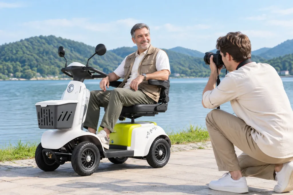Man riding Neo 4 wheel electric scooter for disabled adults