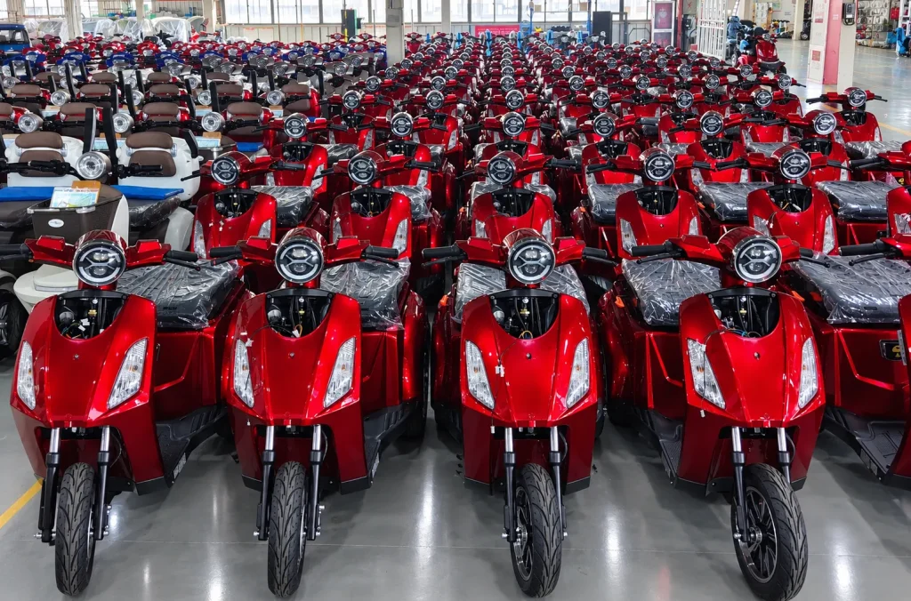 Partially disassembled mobility scooter for SKD shipment.